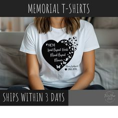 In Loving Memory Memorial T-shirt for Celebration of a life gatherings. Funerals, Vigils, Family Reunions, Memorial and Veterans day events. Need to order 10 or more? Message me for bulk purchase discount code. SIZE AND COLORS: For sizing details and color options, please see the listing images. Design size will be determined appropriate by garment size. Black and White  t-shirts are always in stock and ready to ship within 1-3 business days. Colors and bulk orders may take longer. Onesies may not be available in colors.  GILDEN Brand Unisex T-shirts are used for all T-shirts except Onesies by Gerber unless expressed differently. If you prefer another brand I am open to replacing. There will be delayed processing and adjustment of cost depending on base the t-shirt chosen. If you like the White Graphic Print Top For Anniversary, White T-shirt With Name Print For Anniversary, Memorial Graphic Print Short Sleeve T-shirt, Graphic Print Short Sleeve Top For Remembrance, Mother's Day Anniversary Cotton Top, Short Sleeve Tops With Name Print For Anniversary, White Graphic Print T-shirt For Memorial, Graphic Tee With Short Sleeves For Anniversary, Cotton Tops For Mother's Day Anniversary