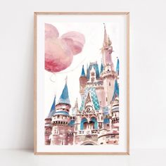 a watercolor painting of a castle with pink balloons in front of it on a white wall