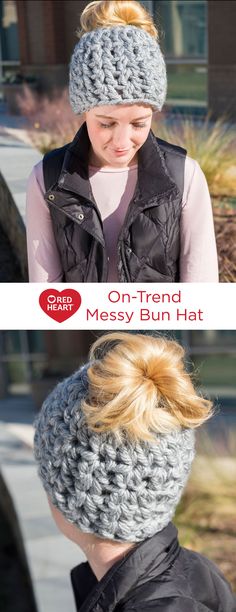 a woman wearing a crocheted headband with the words on - trend messy bun hat