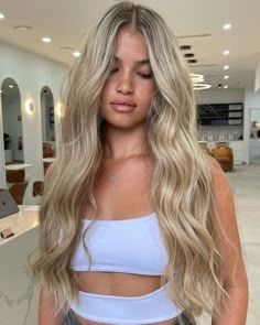 First Session Going Blonde, Olive Skin And Blonde Hair, Long Blonde Waves, Blonde Sandy Hair, Malibu Blonde Hair Color, Olive Skin With Blonde Hair, Long Sandy Blonde Hair, Dark Blonde Hair Dark Roots, Beautiful Blonde Hair Color Ideas