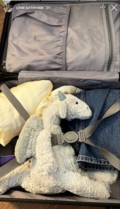 an open suitcase filled with clothes and a stuffed animal