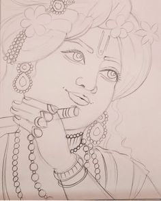 a pencil drawing of a woman with pearls on her head and necklaces around her neck