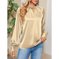 Season:Winter,Fall; Fabric:Satin; Sleeve Length:Long Sleeve; Look After Me:Machine wash; Gender:Women's; Style:Stylish,Ladies; Elasticity:Micro-elastic; Tops Type:Shirt,Blouse; Occasion:Party,Work; Top Length:Regular; Fit Type:Form Fit; Pattern:Solid Color; Design:Twisted Knot; Neckline:V Neck; Front page:FF; Listing Date:09/06/2024; Production mode:External procurement Satin Bluse, Blouse Sale, Loose Sleeves, Mock Neck Long Sleeve, Satin Shirt, Mock Neckline, Women Shirts Blouse, Green Blouse, Round Collar