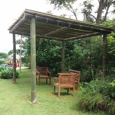 two wooden benches sitting under a pergoline covered structure in the middle of a lush green park