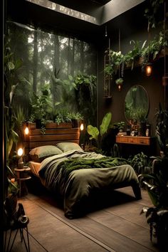 a bedroom with lots of plants and lights