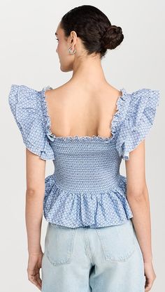 o.p.t Alana Top | Shopbop Blue Ruffled Cotton Denim Top, Ruffled Short Sleeve Denim Top, Light Blue Pointelle Knit Top, Loveshackfancy Sully Top, Blue Ruffled Relaxed Fit Top, Heeled Rain Boots, High Heel Rain Boots, Peplum Hem, Shoe Boot Sandals