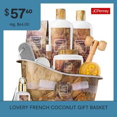 Nourish and replenish your tired, overworked skin with the 13 pc french coconut bath gift set from Lovery featuring a unique assortment of body pampering products. Transform the bathtub into a place of relaxation and take a moment out of your busy week for something that is just for you. Coconut rejuvenates with anti-aging effects that keep skin soft and glowing it helps skin absorb and retain moisture to keep from drying out.13-piece aromatherapy set includes:250ml shower gel250ml bubble bath2… Coconut Bath, Bath Gift Set, Bath Gift, Spa Kit, Gift Basket, Gift Baskets, Aromatherapy, Anti Aging, Bath And Body