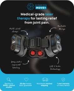 The MOVE+ Pro is different from any other red light therapy device on the market. It is specifically engineered for the best results possible   With optimized laser and LED light technology, the MOVE+ helps provide a more impactful recovery for those with chronic pain.  By using the device at skin-level, you experience the best possible results. This is because the device consistently delivers the right dosage of light to your internal tissue, and dosage is key for optimal results.  Too little light and it doesn't stimulate change, too much and this can negate the benefits. This is known as the biphasic dose response.   LED & Laser Therapy | Portable | Whole Joint Coverage | Reduce Inflammation | Recover From Injury Laser Light, Crowdfunding Campaign, Kickstarter Campaign, Laser Therapy, Red Light Therapy, Neck Massage, Laser Lights, Light Therapy, Massage Therapy