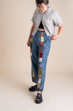 Stand out in our Patchwork Sunset Pants—a one-of-a-kind masterpiece crafted from a collection of cotton and linen fabric scraps we've carefully saved throughout the year. These unique pants are perfect for transitioning effortlessly between summer and fall, and back again. Stripe colors/fabrics will vary. Features: One-of-a-Kind Design: Each pair is a unique patchwork of carefully selected fabric scraps. Versatile Styling: Ideal for shifting seasons, blending summer ease with autumn warmth. Pull Between Summer And Fall, Jumpsuit And Cardigan, Unique Pants, How To Make Clothes, Skirt Leggings, Cotton Fleece, Cardigan Tops, Cardigan Jacket, Upcycle Clothes