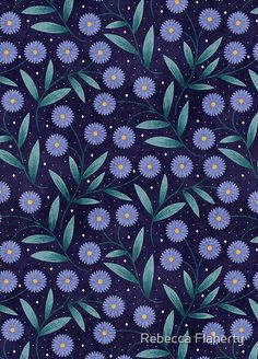 blue flowers and green leaves on a dark purple background with stars in the sky behind them