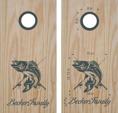 two wooden cornhole tossers with fishing images on them