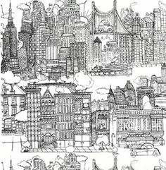 a black and white drawing of a cityscape with lots of buildings on it