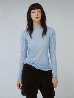 Composition : Cotton, Tencel, WoolColor : BLUE_OS, GREYCountry of Origin : Republic of Korea Blue Long Sleeve Fine Knit Top, Blue Fine Knit Cotton Tops, Light Blue Crew Neck Tops For Layering, Spring T-shirt For Layering, Light Blue Fine Knit Top For Spring, Spring Layering T-shirt, Blue Relaxed Fit T-shirt For Layering, Blue T-shirt For Spring Layering, Composition