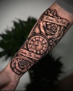 a man's arm with roses and a clock on it that says respect the past