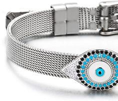 Features: Women Evil Eye Bracelet, Grid Mesh Bangle, Buckle Clasp Metal: Alloy; Material: Enamel Stone: Cubic Zirconia Finishing: Polished Dimension: Length Adjustable from 15-19.5CM(5.91-7.68"); Chain Width: 0.8CM(0.31") ; Weight: 14.6g Package: Jewelry Box with Brand Name COOLSTEELANDBEYOND Item Condition: New Adjustable Stainless Steel Bracelets For Party, Adjustable Silver Evil Eye Bracelet, Metal Evil Eye Bracelet, Silver Bohemian Evil Eye Bracelet, Adjustable Metal Evil Eye Bracelet, Metal Evil Eye Bracelet For Gift, Evil Eye Metal Bracelet Gift, Eye Bracelet, Evil Eye Bracelet