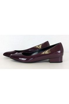 Made in a rich plum color and with a trendy pointed toe, these heeled flats are bound to become a favorite. They can be worn day or night, to work or for after-hours. The possibilities are endless! Size 7.5 - EU 37.5 Patent leather upper Leather lining & sole Made in Italy Pointed toe Slip on Small heel Light marks on leather Some wear on outsole Heel height 1" Medium Width Kitten Heels For Office In Fall, Formal Round Toe Flats With Padded Heel, Formal Flats With Padded Heel And Round Toe, Evening Almond Toe Flats Medium Width, Formal Flats With Sculpted Heel And Medium Width, Formal Pointed Toe Medium Width Flats, Fitted Flat Heel Court Shoes For Fall, Fitted Court Shoes With Flat Heel For Fall, Party Pointed Almond Toe Flats For Fall