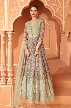 Olive Green Designer Embroidered Georgette Floral Print Anarkali Gown-Saira's Boutique Rakhi Outfit Ideas, Wedding Guest Clothes, Anarkali Ideas, Bridal Dresses Ideas, Green Anarkali Suits, Floral Print Anarkali, Indian Anarkali Dresses, Ramzan Eid, Gown Wedding Guest