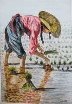 a painting of a woman with a straw hat is bending over to pick grass from the ground