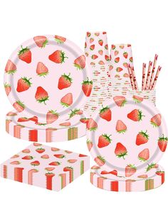 strawberry paper plates and napkins with strawberries printed on the front, pink background