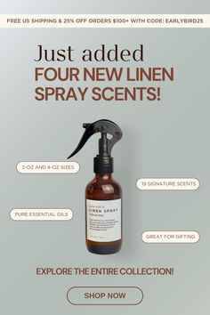 a bottle of spray with the words, just added four new line spray scents explore the entire collection shop now