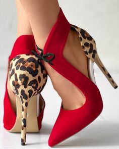 Size: 36,37,38,39,40,41,42;Style:ChicType:PumpsMaterial:SuedePattern Type:Colorblock,LeopardDecoration:Hollow-out,Tied DetailOccasion:Daily,Wedding GuestToe:Point ToeHeel Height:High HeelPackage Include:1*Pumps Look Festival, Shoes Heels Classy, Cute Shoes Heels, Classy Shoes, Heels Classy, Womens Stilettos, Pumps Heels Stilettos, Chic Type, Stiletto Sandals