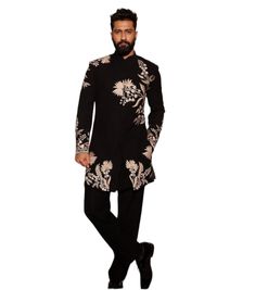 PRODUCT DETAILS:- Featuring hand-embroidery with heavy thread work on a simple bandhgala indo-western, this  black Italian fabric Indo-Western jacket is a striking piece. Paired with a matching black Italian pant/trousers with inner buttons, this set exudes luxury and style. Ideal for formal occasions and wedding occasions, style this jacket with a matching trouser and polished black shoes. Accessorize with a silky pocket square or cuff links to enhance its sophisticated appeal. FEATURES:- Color: Black Fabric: ITALIAN IMPORTED Design Type: Hand Embroidery by our artisan (one garment make in 2 days for work) Embroidery: Embroidery Items Included: Indo-Western , Pant , Pocket Square  Wash Care: Dry Clean Only Black Hand Embroidery, Western Jacket, Indo Western, Black Hand, Thread Work, Italian Fabric, Cuff Links, Pocket Square, Sport Coat