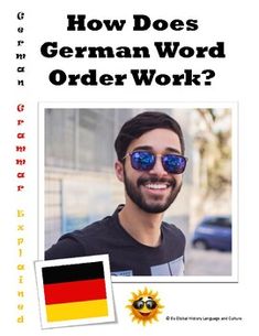 a man wearing sunglasses with the german word order work in front of him and an image of his face