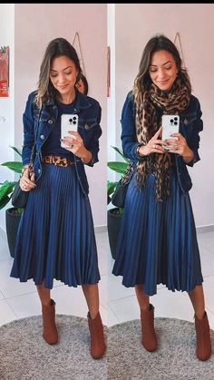 Casual Outfits Business Women, Blue Plisse Skirt Outfit, Shein Work Outfits Women Winter, Outfit Ideas Pleated Skirt, Plisse Skirt Outfit, Blue Skirt Outfit Ideas, Blue Pleated Skirt Outfit, Mini Skirt In Winter, Skirt And Stockings Outfit