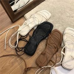 LBSFY - Flat Sandal Shoe All-Match Strappy Heels Shallow Mouth 2024 Women's Suit Female Beige Without Low Gladiator Girls Outside New C Womens Summer Shoes Sandals, Elegant Casual Dress, Dr Shoes, Fairy Style, Roman Sandals, Fairy Fashion, Summer Flats, Womens Summer Shoes, Lace Up Sandals