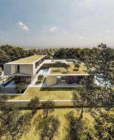 an artist's rendering of a modern house in the middle of a wooded area