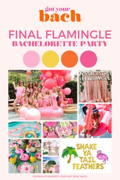 a collage of photos with flamingos and pool floats in pink, yellow and orange