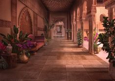 a long hallway with potted plants and flowers on either side of the corridor wall