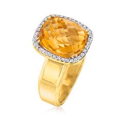 Ross-Simons - 5.00ct Citrine, .20ct t. w. Diamond Ring in 14kt Yellow Gold. Size 6. This stunning ring consists of a 5.00 carat rectangular cushion-cut citrine that blazes within a frame of .20 ct. t. w. round brilliant-cut diamonds. Set in polished 14kt yellow gold. 1/2" wide. Diamond and citrine ring. Citrine birthstones are the perfect gift for November birthdays. Citrine Birthstone, Rectangular Cushion, November Birthday, Citrine Ring, Round Brilliant Cut Diamond, Cushion Cut, Round Brilliant, Citrine, Diamond Ring