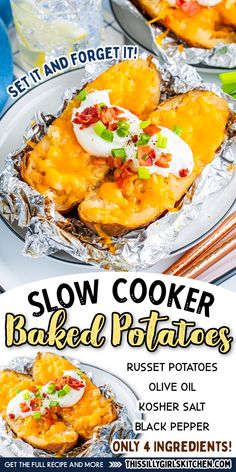 this is an advertisement for slow cooker baked potatoes