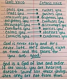 a handwritten note with the words god's voice written in green on it