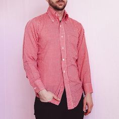 Vintage Men’s Red Check Button Down Long Sleeve Shirt from brand Getaway by ArrowFeaturing an oversized collar, front pocket and long sleeves.No size listed fits like a size men’s size Medium.Modeled on a size mediumMeasurements in inches taken while lying flatChest 21Waist 20Length 30 1/2Shoulder to shoulder 16 1/2 Casual Red Dress Shirt For Spring, Classic Red Flannel Shirt With Pockets, Classic Flannel Shirt With Button Closure For Spring, Classic Spring Flannel Shirt With Button Closure, Red Button-up Flannel Shirt For Spring, Red Casual Dress Shirt With Button Closure, Casual Red Dress Shirt With Button Closure, Red Casual Dress Shirt With Spread Collar, Casual Red Dress Shirt With Spread Collar