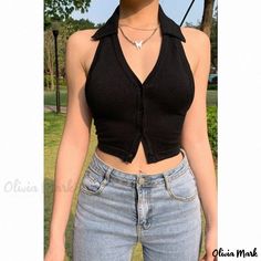 Olivia Mark - Multicolored Sleeveless Deep V-Neck Backless Top, Slim-fit for Outerwear or Layering Casual Black V-neck Halter Top, Basic Crop Tops, Black Crop Top Tank, Bralette Crop Top, Backless Top, Casual Tops For Women, Summer Style Casual, Online Tops, Casual Streetwear