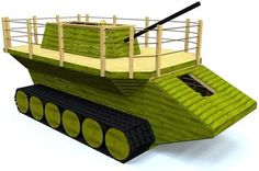 a wooden model of a tank with a bridge on it's top and wheels attached to the side