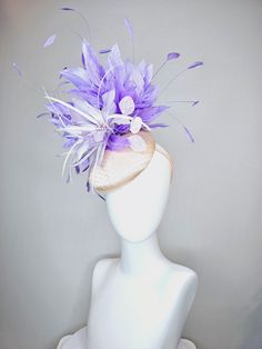 From the 2024 Featured Milliner of the Kentucky Derby Museum  Gorgeous Kentucky Derby hat fascinator  kentucky derby hat fascinator champagne neutral satin with lavender white feather flowers with purple violet feathers headband attachment.  each hat is totally one of a kind! no two are alike! * I can add feathers or flowers to any existing hat to help customize your look for a small fee. Message me for requests, I am happy to help!  *All hats are sold as displayed. No returns do to nature of pr Feather Flowers, Large Brim Hat, Derby Hats Fascinators, Hat Fascinator, Types Of Hats, Feather Headband, Feather Flower, Kentucky Derby Hat, Derby Hat