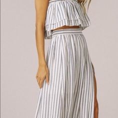 Adorable Blue And White Striped Crop And Skirt Set. 100% Cotton Chic Cropped White Skirt, White Cropped Bottoms For Vacation, Cropped White Bottoms For Vacation, White Summer Maxi Skirt For Brunch, White Wide Leg Summer Skirt, Casual White Split Bottoms, Chic Striped Summer Skirt, White Skirt For Brunch During Beach Season, White Cropped Summer Bottoms