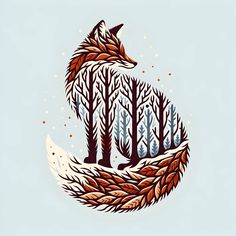 a drawing of a fox sitting in the woods with trees on it's back