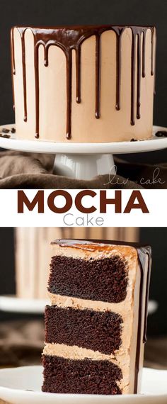 chocolate cake with mocha frosting on the top and bottom, in two different photos