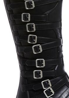 in a vegan leather construction. These knee high boots have decorative buckles on both sides, treaded soles, and back zipper closures. Black Gothic Faux Leather Knee-high Boots, Gothic Black Faux Leather Knee-high Boots, Black Gothic Knee-high Faux Leather Boots, Punk Style Faux Leather Knee-high Boots, Black Knee-high Moto Boots With Zipper Closure, Edgy Knee-high Boots With Buckle Closure, Black Punk Style Knee-high Boots With Buckle, Black Punk Knee-high Boots With Buckle Closure, Black Punk Knee-high Boots With Buckle