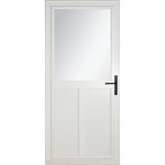 a white door with a mirror on the front and side paneled in black hardware