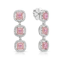 Gorgeous Pink Diamond three cushion double halo earrings, set in White and Rose Gold, with 2.6ct of diamonds Pink diamond cushions with pink and white halos Elegant earrings for fancy events Luxury Diamond Earrings With Prong Setting For Valentine's Day, Affordable Pink Jewelry With Sparkling Stones, Luxury Hallmarked Dazzling Diamond Earrings, Luxury Pink Solitaire Jewelry, Luxury Pink Platinum Jewelry, Luxury Pink Jewelry For Fashion Statement, Modern Pink Luxury Jewelry, Luxury Dazzling Jewelry With Halo Design, Luxury Pink Jewelry With Pave Setting