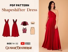 a woman in a red dress with the text, pattern shapeshifter dress size 00 - 16