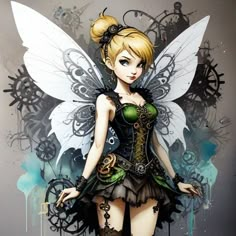 a woman dressed as a fairy with wings and gears on her body, standing in front of