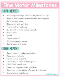 a pink and white poster with instructions for fine motor milestones