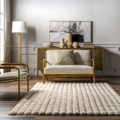 a living room scene with focus on the couch and chair, along with an area rug