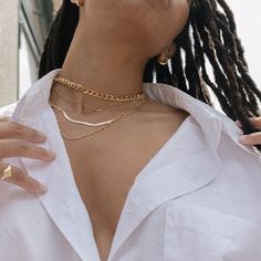 Horatio Necklace Minimalist Everyday Cable Chain Necklace, Everyday Minimalist Cable Chain Necklace, Chic Snake Chain Necklace With Clavicle Chain, Gold Layered Snake Chain Necklace, Gold-tone Clavicle Chain Necklaces For Layering, Elegant Figaro Chain Link Charm Necklaces, Elegant Charm Necklaces With Figaro Chain, Elegant Figaro Chain Link Charm Necklace, Gold-tone Necklace With Adjustable Chain For Layering